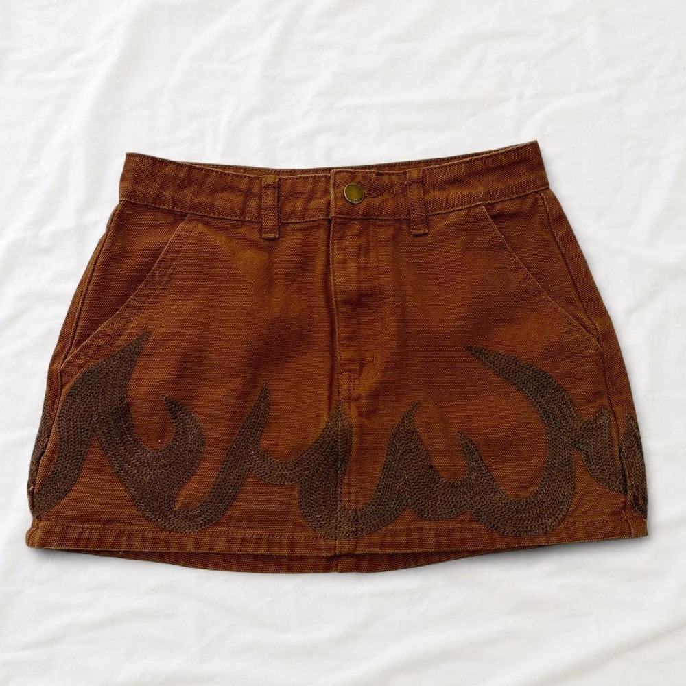 Cider Washed Brown Canvas Flame Mini Skirt Low Rise Moto Grunge XXS